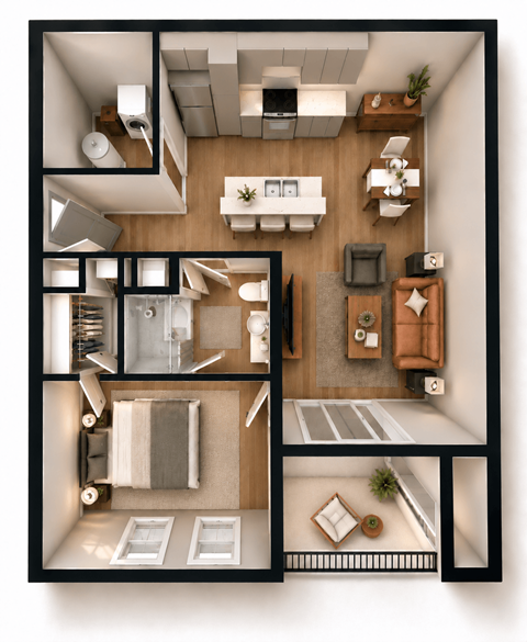 Floor plan for 1 bed, 1 bath, 784 sqft